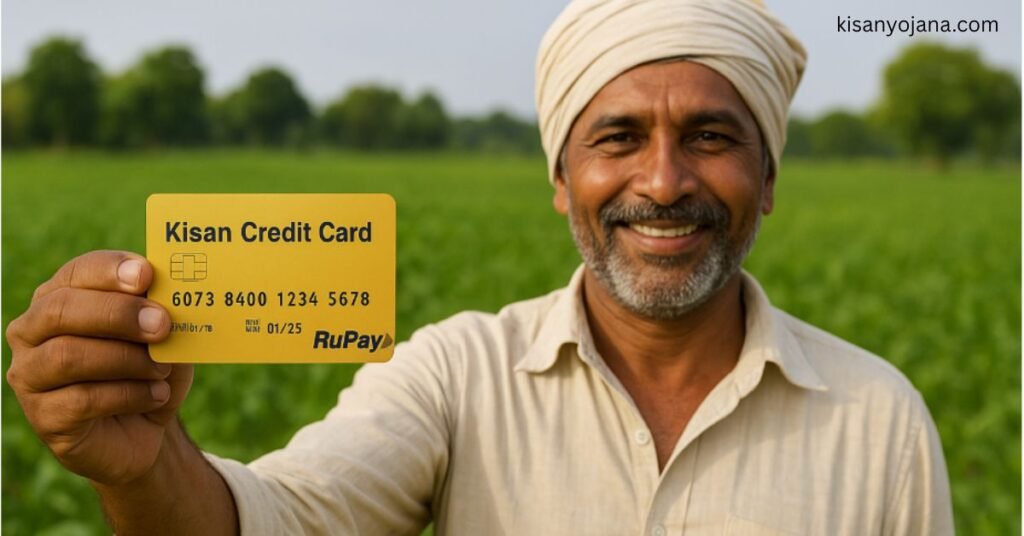 किसान अपने खेत में किसान क्रेडिट कार्ड पकड़े हुए – Kisan Credit Card Yojana 2025 का प्रतीक