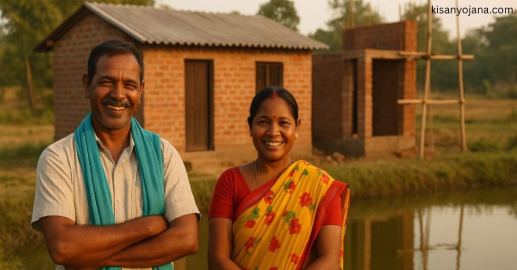 मध्य प्रदेश मसाला क्षेत्र विस्तार योजना के तहत मसाला खेती करता किसान – हल्दी और अदरक की फसल के साथ खेत में खुश किसान