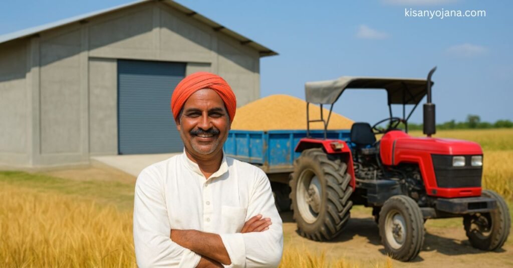 मध्य प्रदेश में किसान अपने आधुनिक अनाज गोदाम के सामने खड़ा है – गोदाम निर्माण योजना 2025 के तहत ग्रामीण भंडारण सुविधा