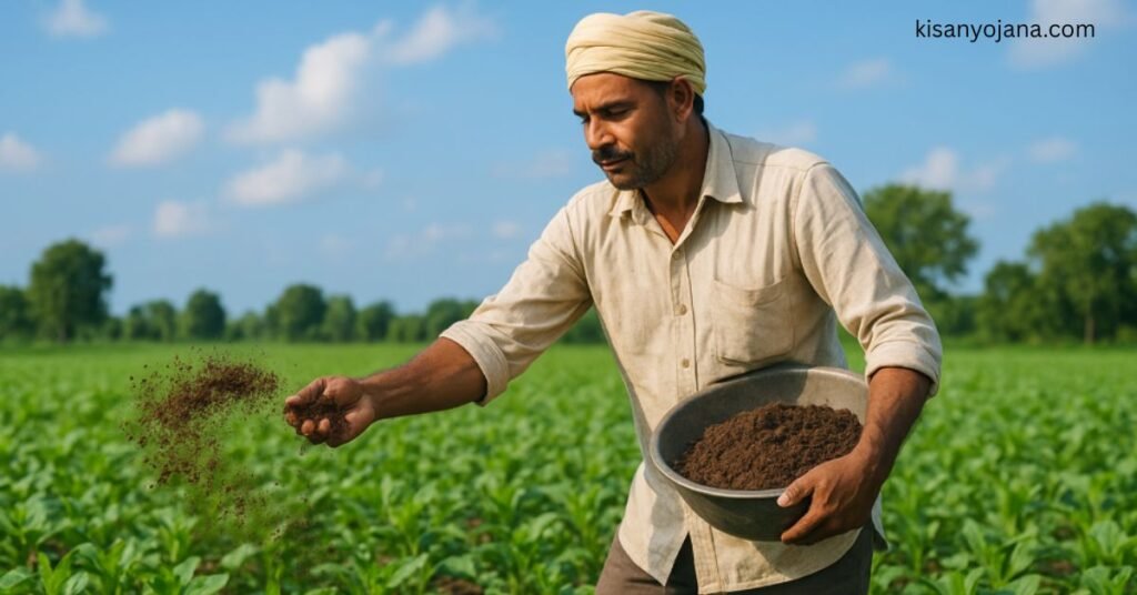 किसान अपने खेत में जैविक खाद डालते हुए – परंपरागत कृषि विकास योजना 2025 के तहत जैविक खेती का दृश्य 🌱