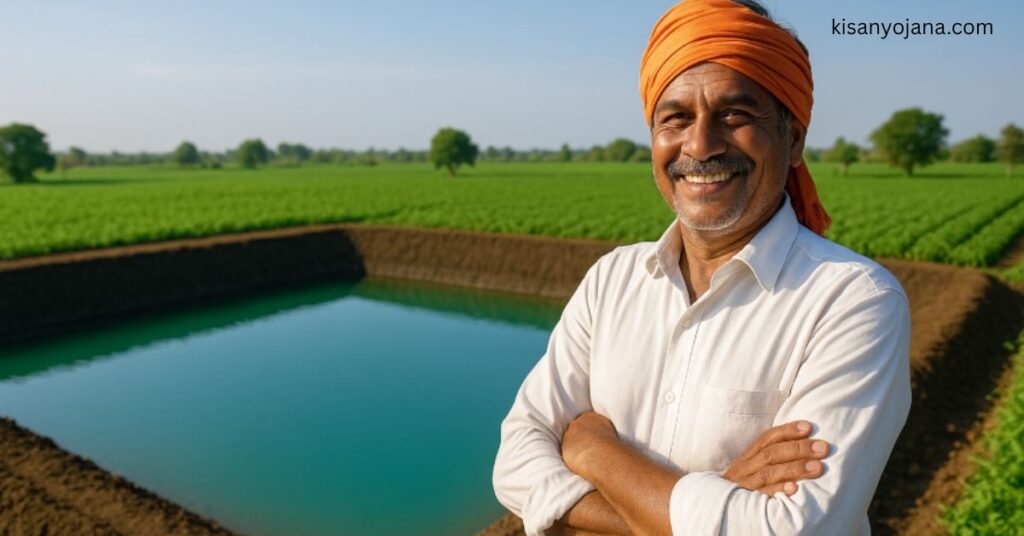 “महाराष्ट्रातील शेतकरी आपल्या शेतातील पाण्याने भरलेल्या शेततळ्याजवळ उभा – मागेल त्याला शेततळे योजना 2025 अंतर्गत”